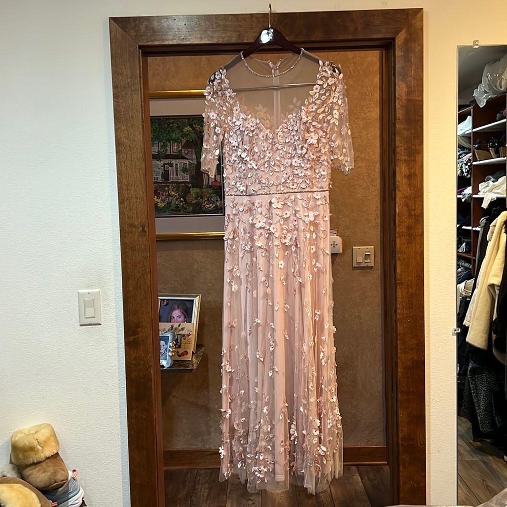 Theia Blush floral appliqué midi dress